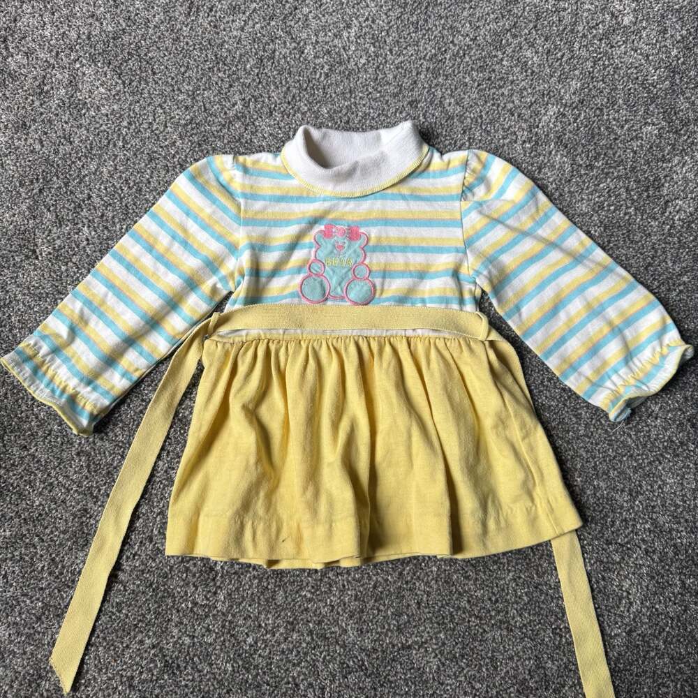 Vintage 80s Health-Tex Teddy Bear Dress Girls 2T USA Striped Yellow